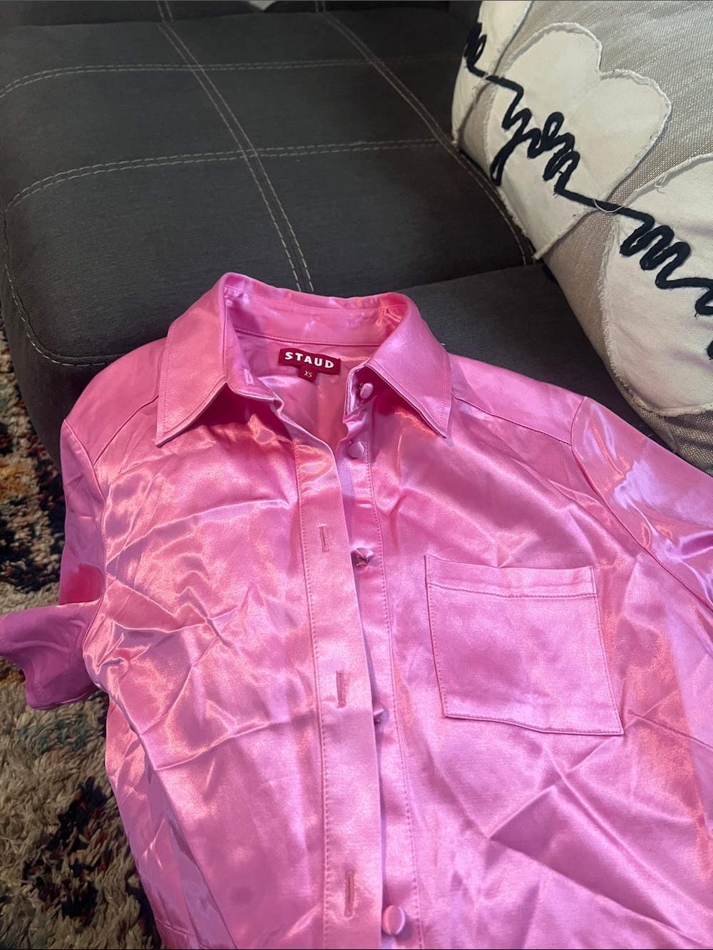 STAUD Hot Pink Satin Button-Down Shirt